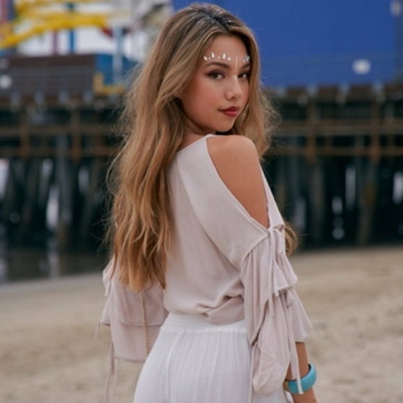 Anthro Cold Shoulder Cascading Bell Tie Sleeve Top - Picture 4 of 8